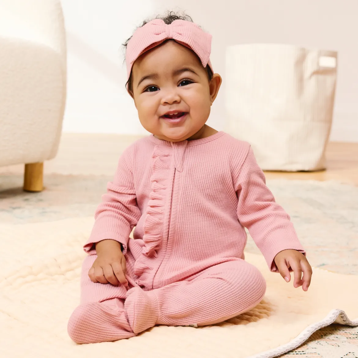 Organic Waffle Ruffle Zipper Footie (2 Pack)