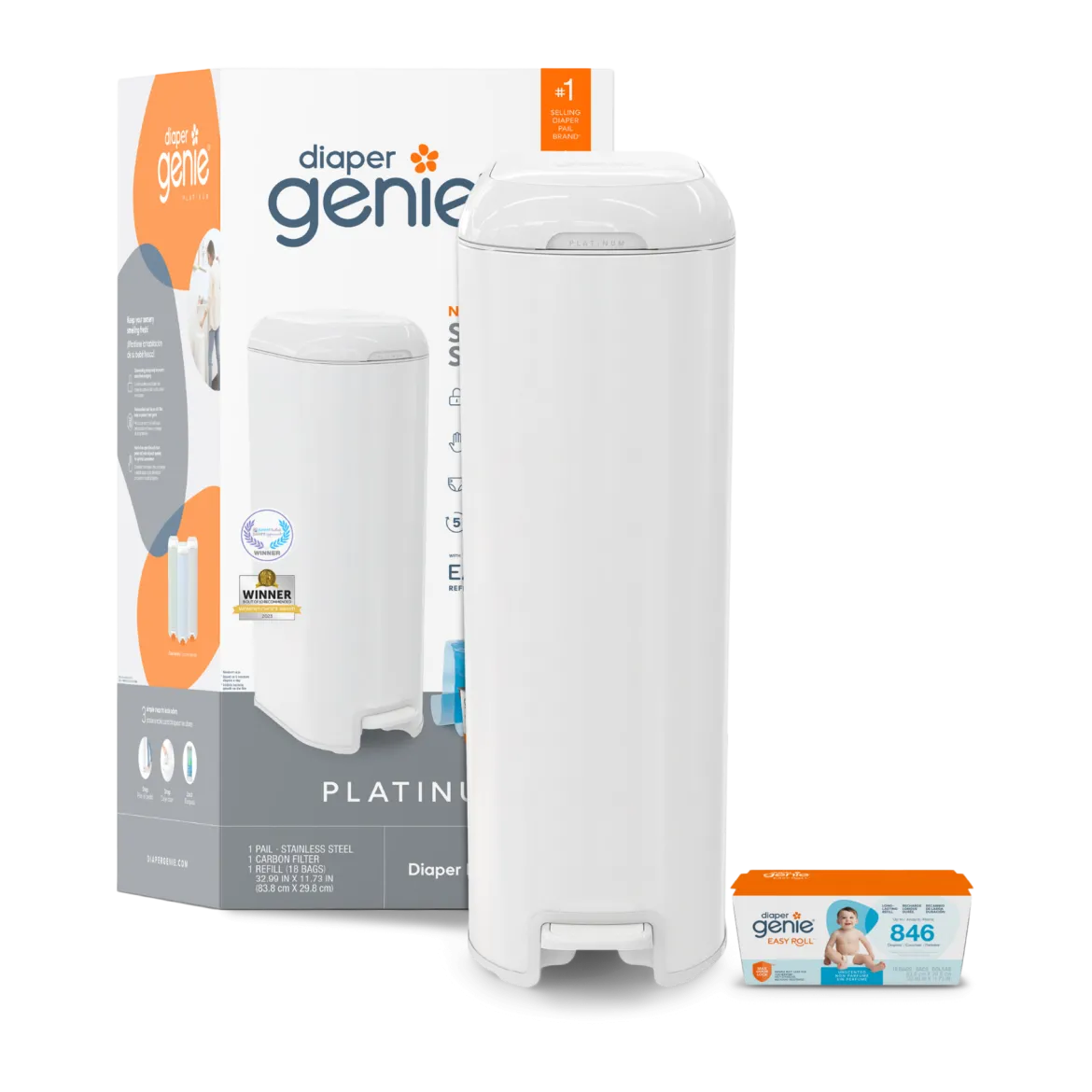 Platinum Stainless Steel Diaper Pail with Easy Roll Refill Bags