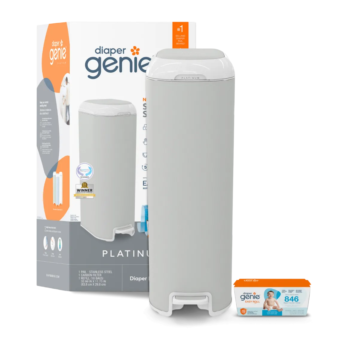 Platinum Stainless Steel Diaper Pail with Easy Roll Refill Bags