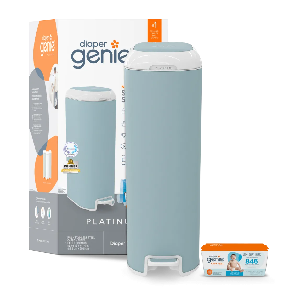 Platinum Stainless Steel Diaper Pail with Easy Roll Refill Bags