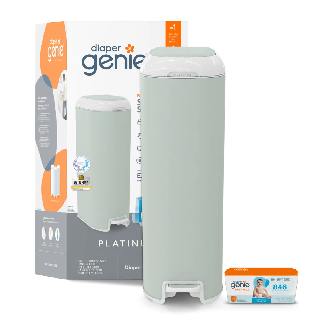 Platinum Stainless Steel Diaper Pail with Easy Roll Refill Bags